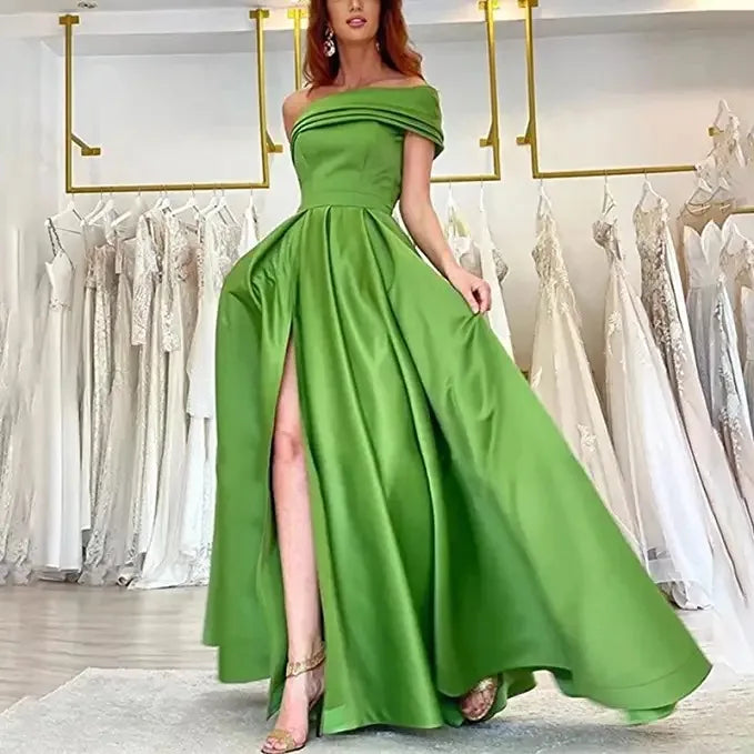 BKLD Solid Color Fashion One Shoulder Satin Dress Birthday Party Fluffy Dress 2026 Autumn Women Clothing Green Split Sexy Dress