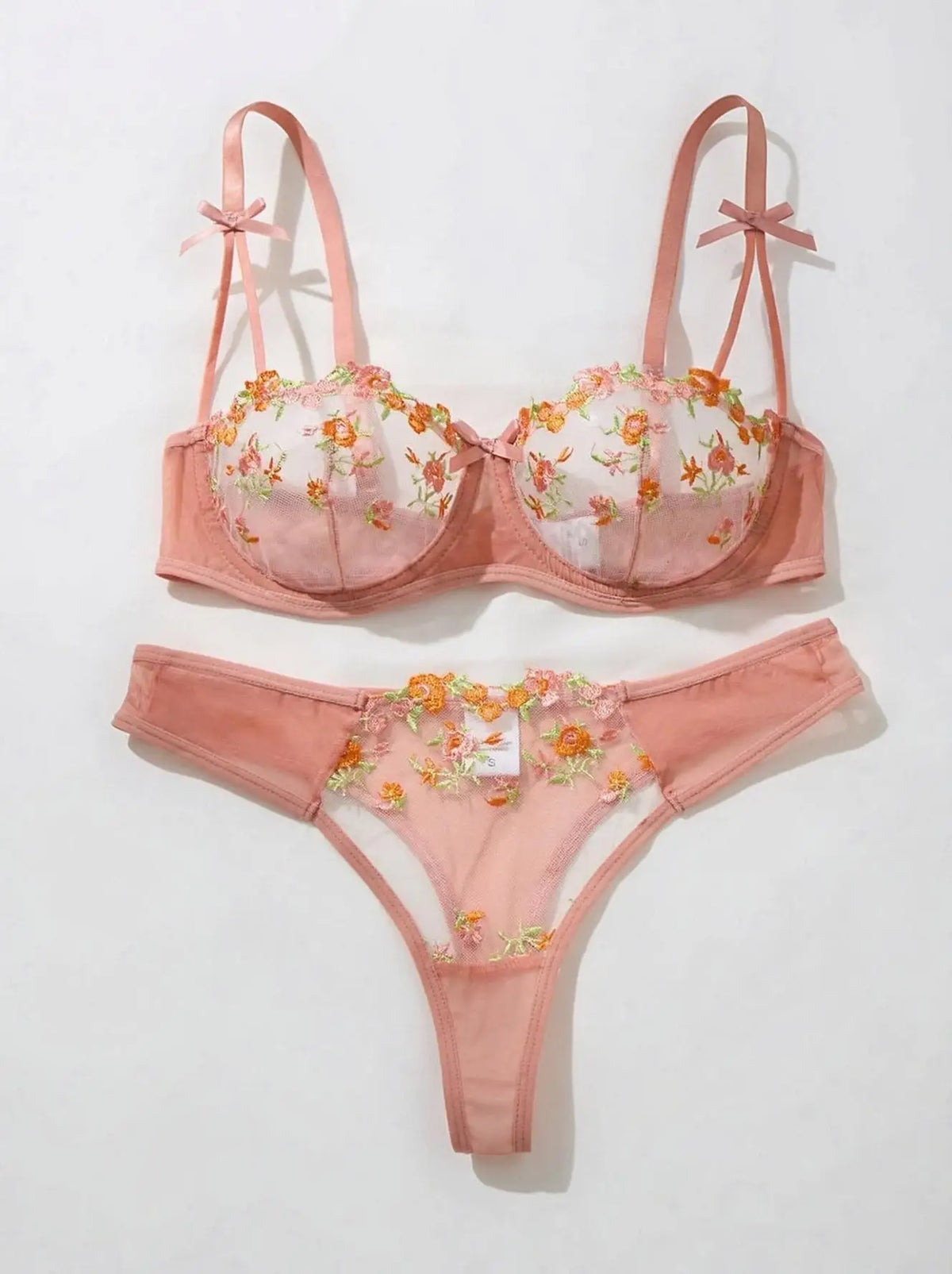 French Orange Floral Embroidery Lace Lingerie Set Sexy See-through Bra Support for Valentine's Party