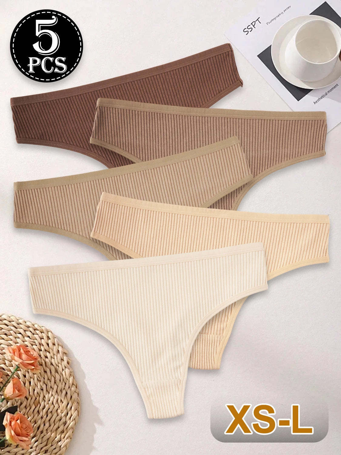 5PCS New Maillard Color Women's G-Strings Breathable Cotton Fabric Panties Sexy Low Waist Striped Thongs Female Bikini Lingerie