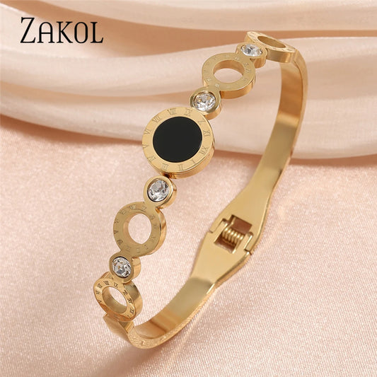 ZAKOL Fashion Black Shell Roman Numeral Titanium Steel Bangle Hollow Circle Button Bracelet Jewelry Gifts for Women