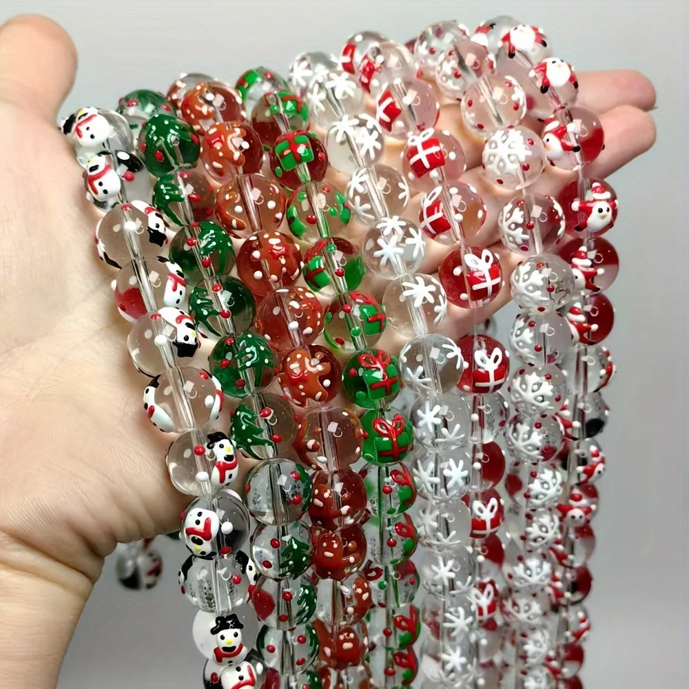 15Pcs 12mm Christmas transparent Glass Hand-drawn Spacer Loose Beads For Jewelry Bracelets Necklace Making DIY Accessories