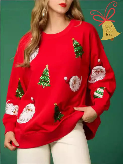 BKLD Women's Festive Christmas Sweatshirt Sequine Graphic Casual Loose Long Sleeve Pullovers Round Neck Sweatshirts For Winter