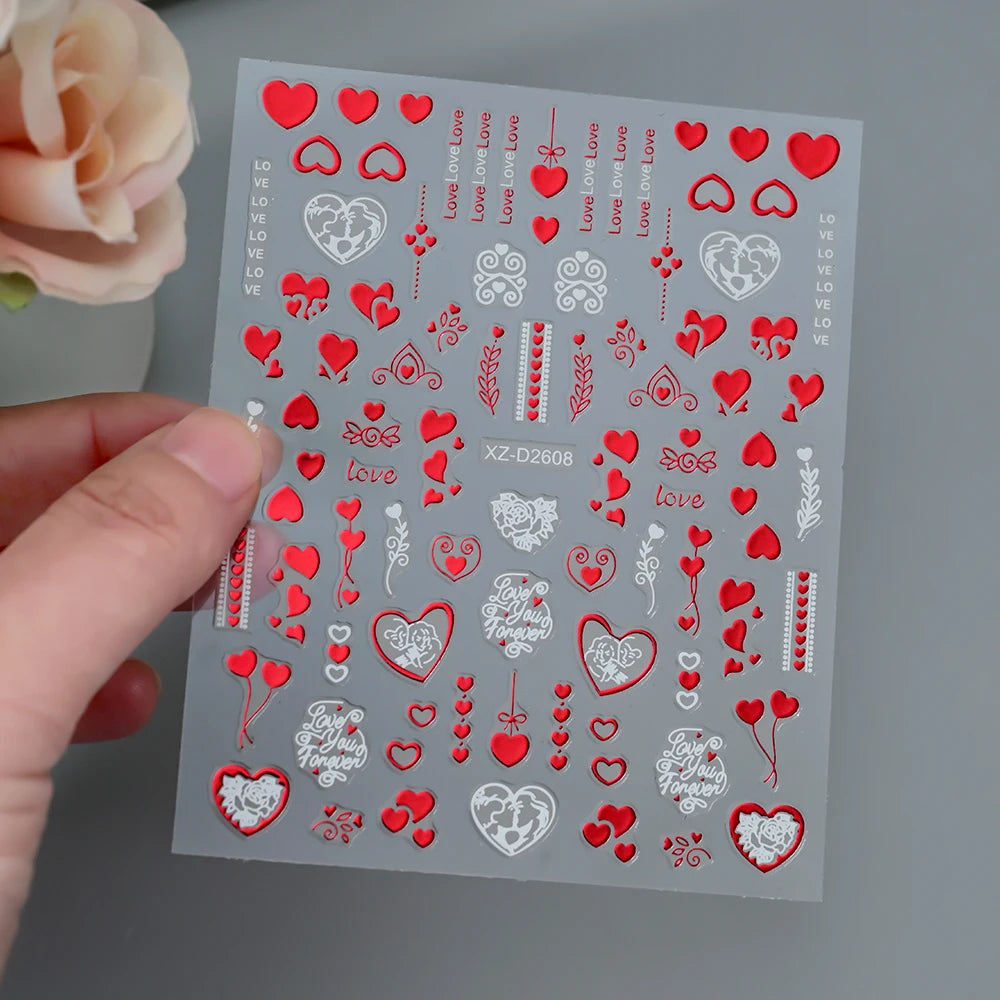 1Pc 3D Red Love Heart Nail Art Stickers Rose Flower Lip Self Adhesive Decals Valentine' Day Nail Sliders For Manicure Decoration