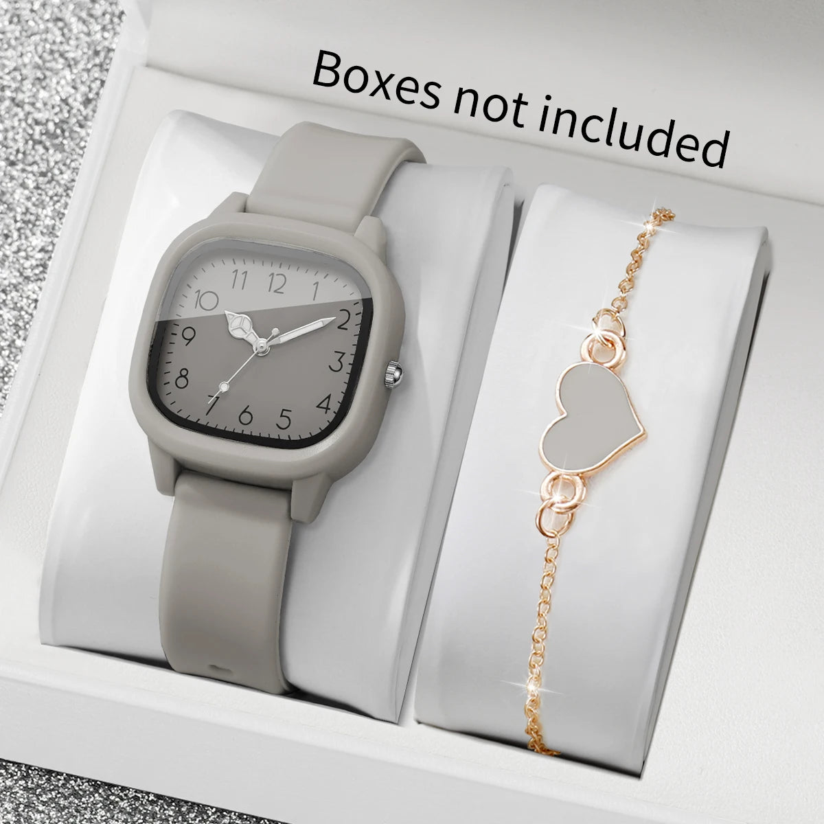 2PCS Women Watch Heart BraceletSet Grey Square Dial Silicone Strap Ladies Quartz Wristwatch Clock Relogio Feminino (Without Box)