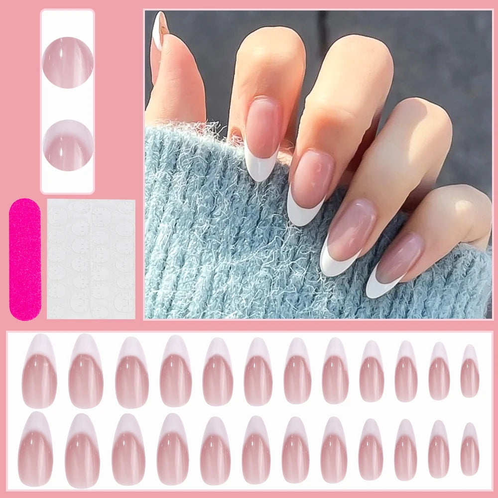 24Pcs White French Press On Nails 3D Bow Design Full Cover Wearable False Nails Short Square Head Ballet Fake Nails For Women