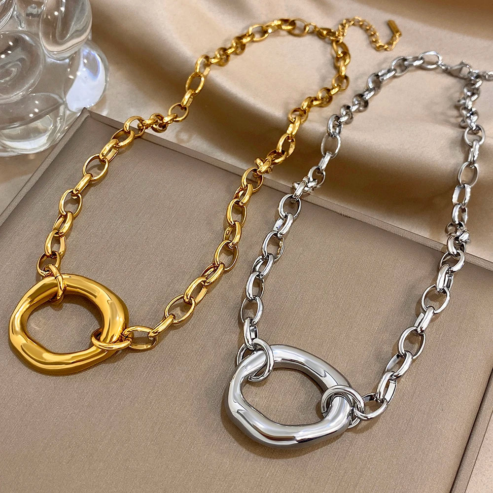 Golden 316L Stainless Steel Irregular Hollow Round Pendant Necklace for Women Statement Thick Chain High Quality Jewelry Gift