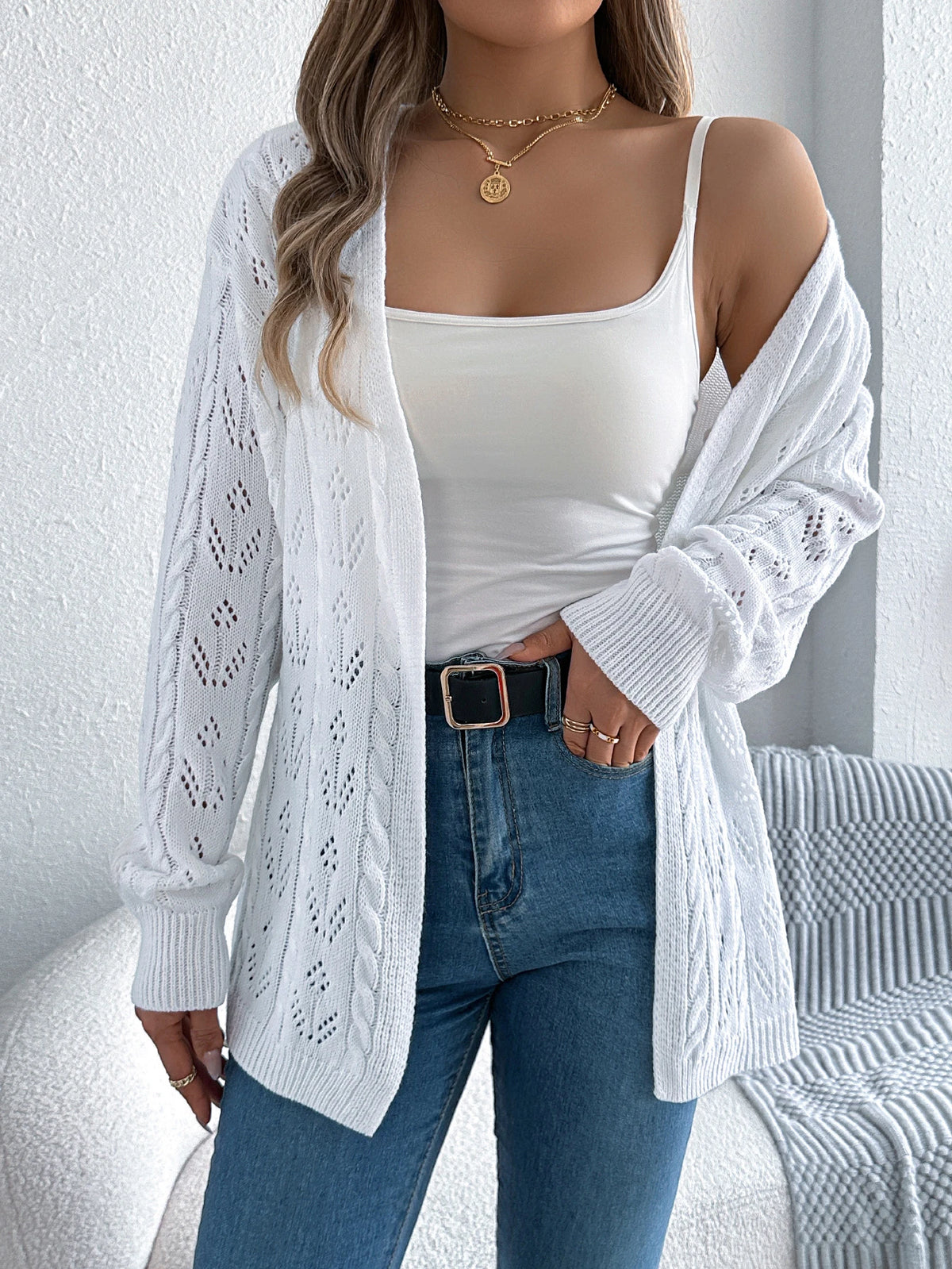 Women's Solid Color Hollow Out Knitted Cardigan Sweaters 2026 Autumn Winter Casual Lantern Long Sleeve Coats White Black Khaki