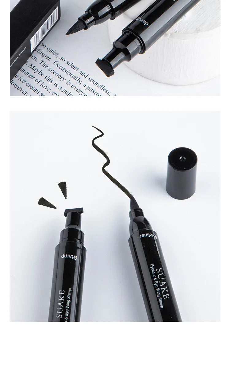2 In 1 Stamp Black Liquid Eyeliner Pen Waterproof Fast Dry Triangle Seal Eye Liner Pencil Cosmetic Double-ended Eyeliner Makeup