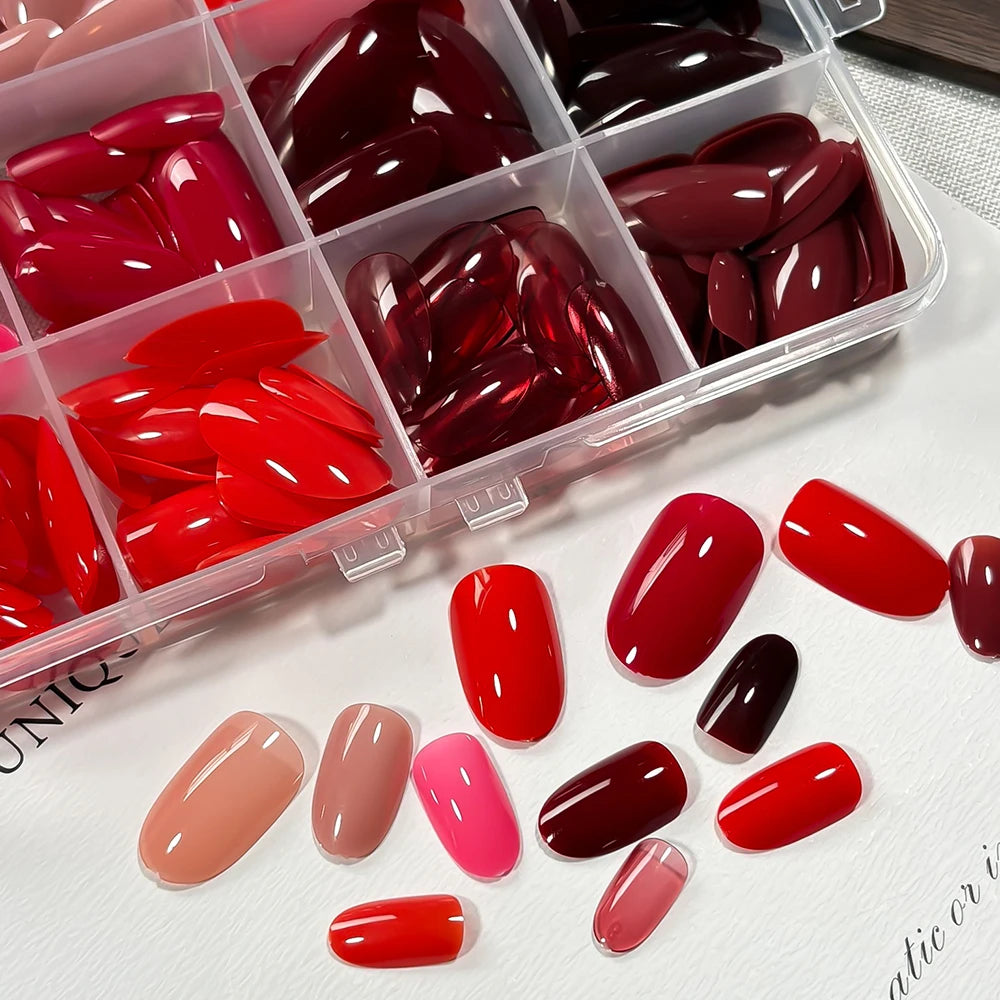 288Pcs Short Almond Full Cover Fake Nail Tips Extensions Red/Nude/Pink Stiletto False Nails for Women DIY Wearable Press on Nail