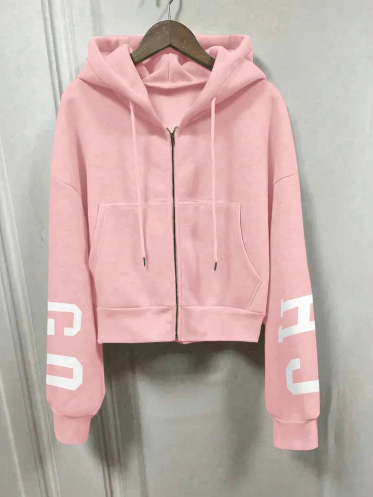 Women Y2K Crop Zip Up Hoodie Letter Print Oversized Long Sleeve Hooded Sweatshirt Casual Streetwear Short Jacket Outerwear