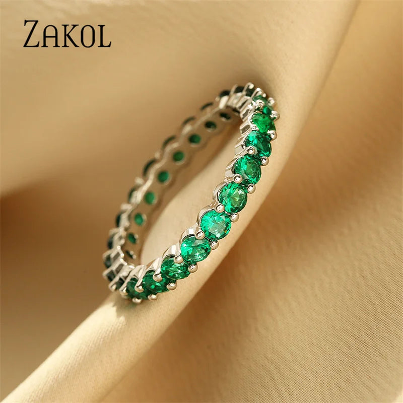 ZAKOL Fashion Round White Green Cubic Zirconia Wedding Rings for Women Girl Party Jewelry Birthday Gift RP189