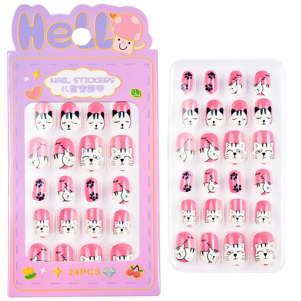 24Pcs/Box Cartoon Heart Bow Rainbow Design Kid Fake Nails Tips Cute False Nail Girls Press on Nails Full Cover Short Fingernails