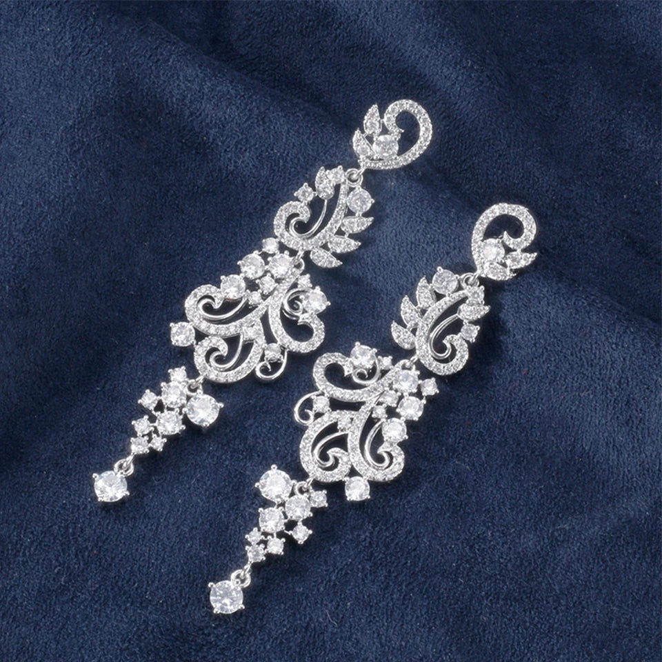 ZAKOL Luxury Shiny AAA Cubic Zirconia Hanging Earrings for Women Imitation Pearl Bridal Long Earring Women's Wedding Jewelry