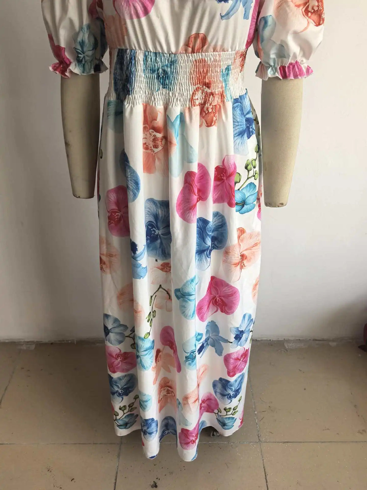 BKLD Women Clothing Summer Floral Print Dress Short Sleeve Square Collar Beach Holiday Outfits Waist Ruched Long Dresses Party