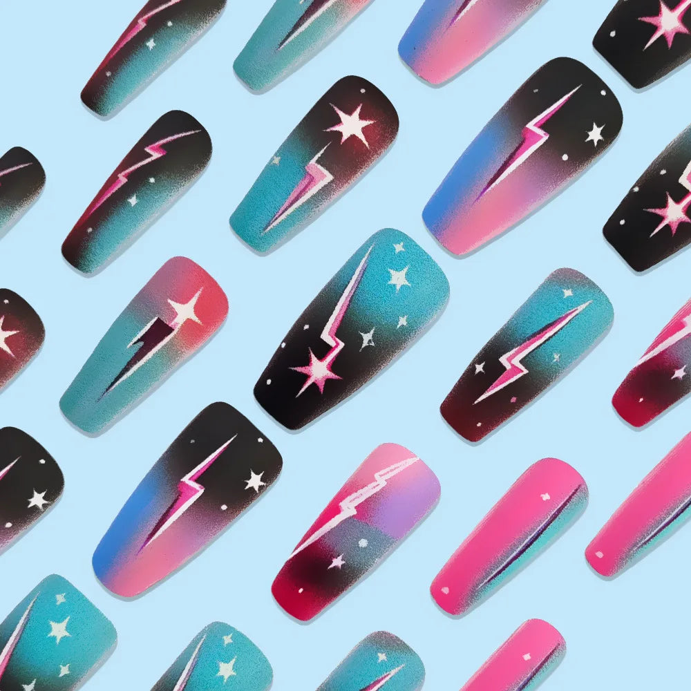 24pcs/set Medium fake nails for women girls gradient green blue cloud star lightning for summer full cover press on false nail