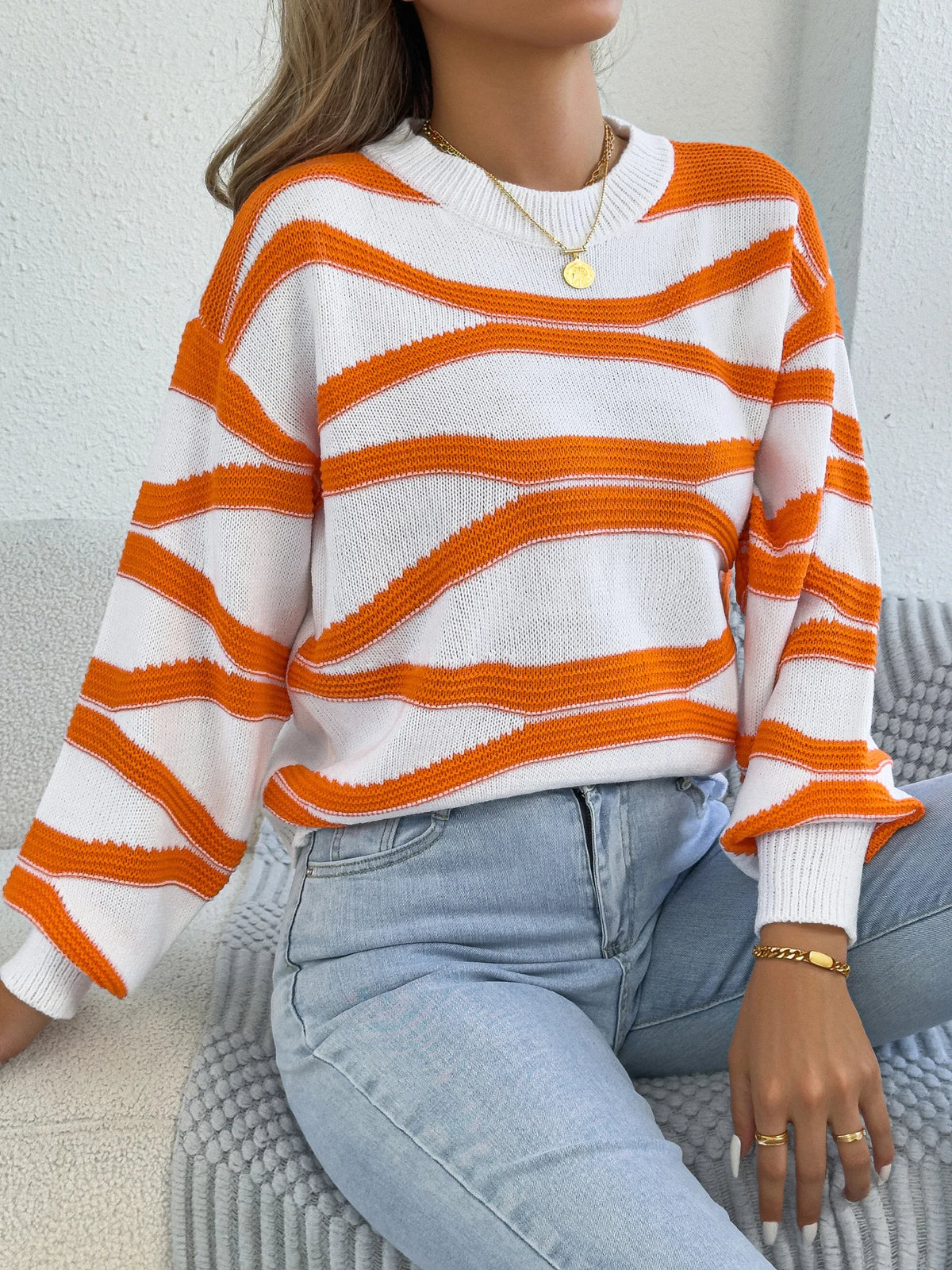 2026 Fashion Contrast Color Striped Sweaters for Autumn Winter Casual Round Neck Lantern Long Sleeve Knitted Tops Women Clothes