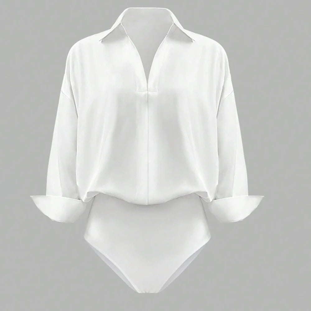 Women Shirt Bodysuit Oversized Boyfriend Half Sleeve Blouse Deep V Collar Bodysuit Shirts Elegant Office Lady Jumpsuit Top