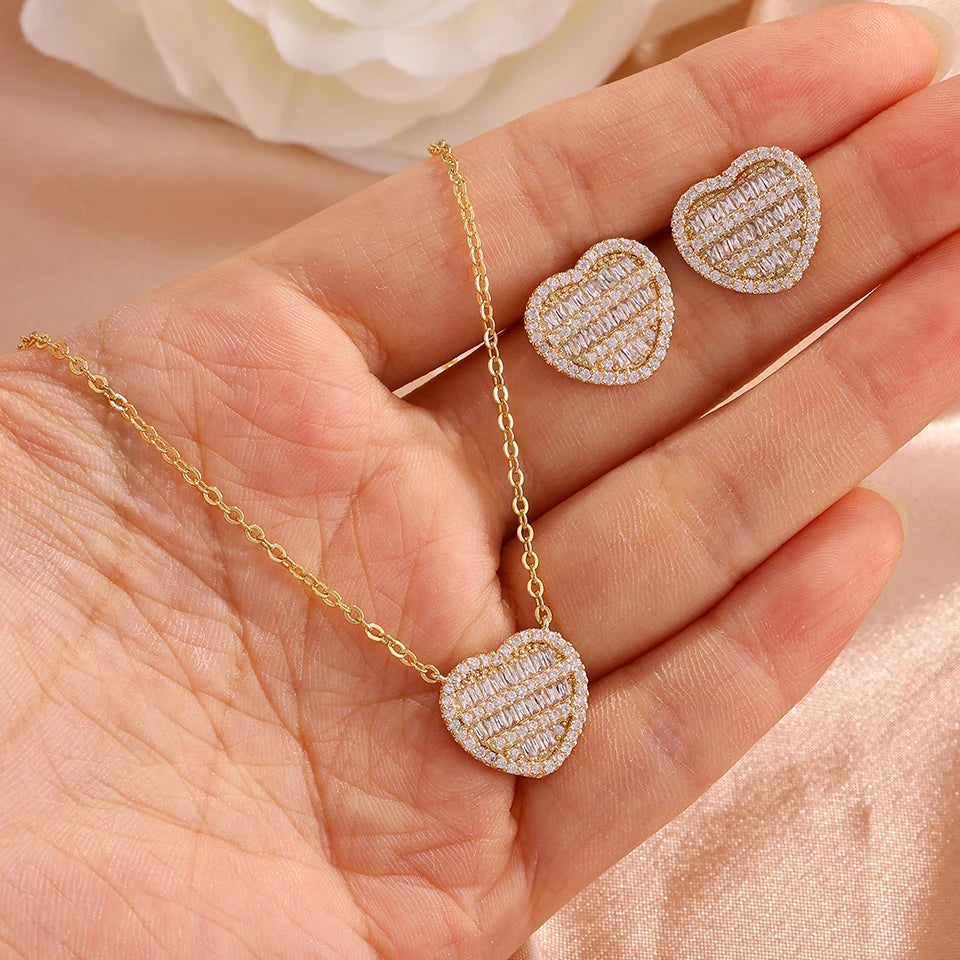 ZAKOL New Iced Out Zirconia Heart Necklace Earrings Set for Women Bling Cubic Zirconia Luxury Wedding Party Jewelry Gift