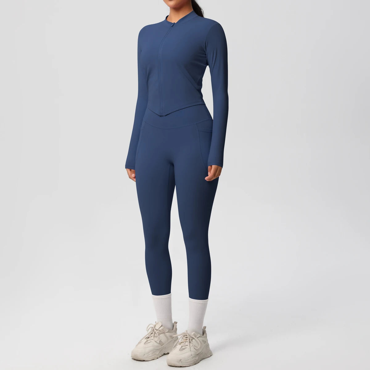 2PCS Yoga Suit Women Gym Set Leggings With Pocketed Women Tracksuit Running Zipper Workout Sportswear Long Sleeve Sports Shirt