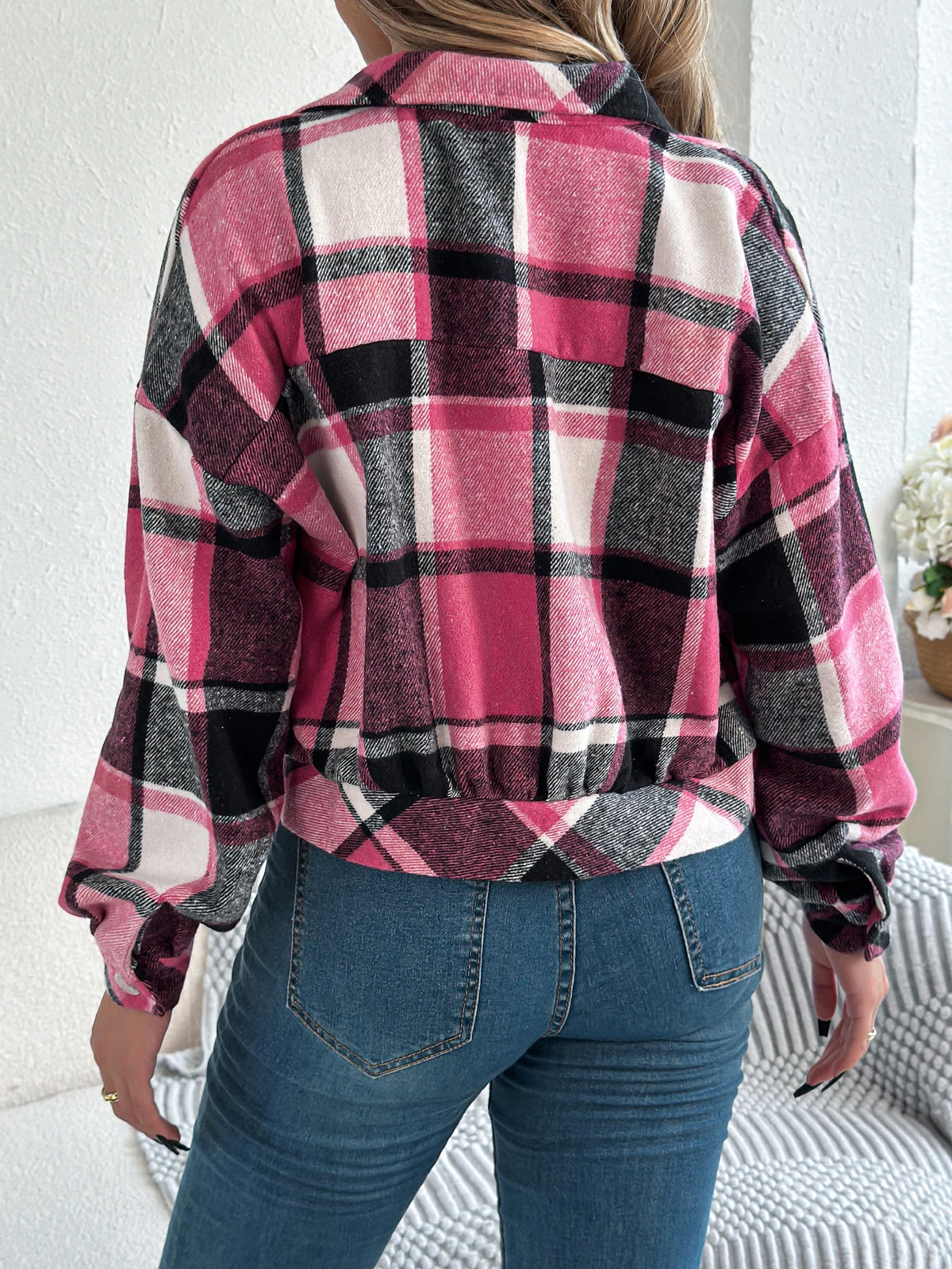 Autumn Winter Casual Plaid Cropped Jacket Lapel Lantern Long Sleeve Single Breasted Woolen Jacket 2026 Fashion Women Clothes
