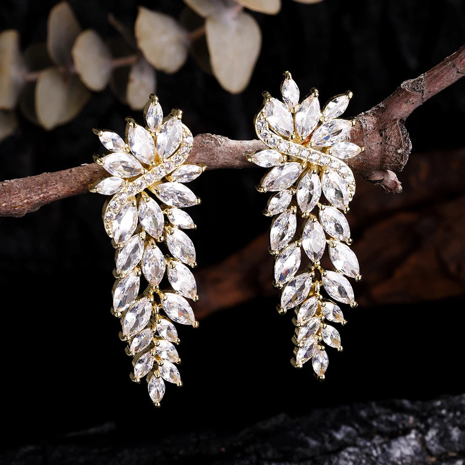 ZAKOL Gorgeous Marquise CZ Wedding Prom Jewelry White Cubic Zirconia Leaf Long Dangle Earrings for Brides Party