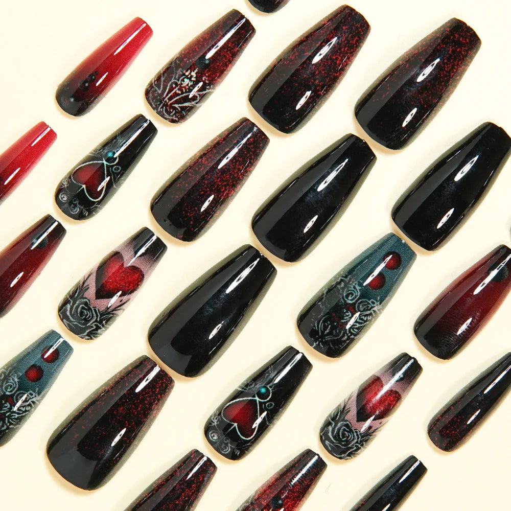 Medium long fake nails dark red black rose flowers heart design for Valentine's Day reusable ABS press on Artificial nails art