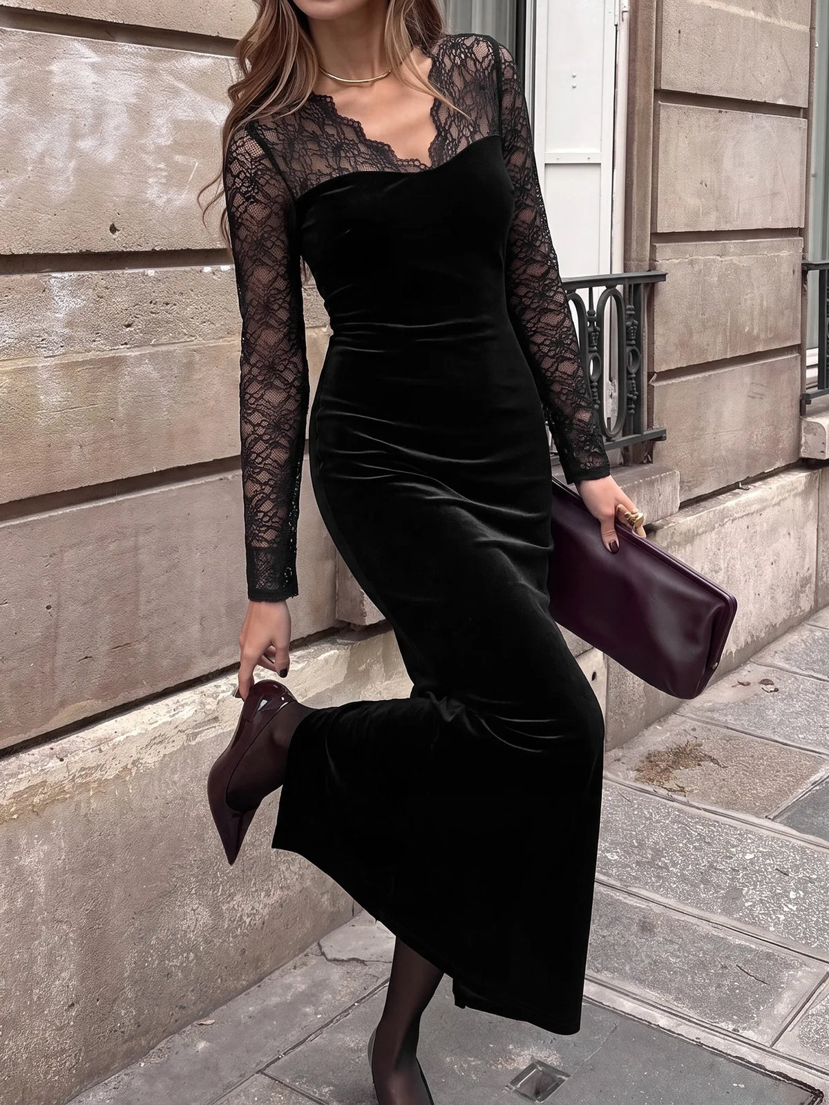 Women Velvet Maxi Dress Long Sleeve V Neck Lace Patchwork Bodycon Long Dress Elegant Evening Party Nightclub Slim Fit Dress