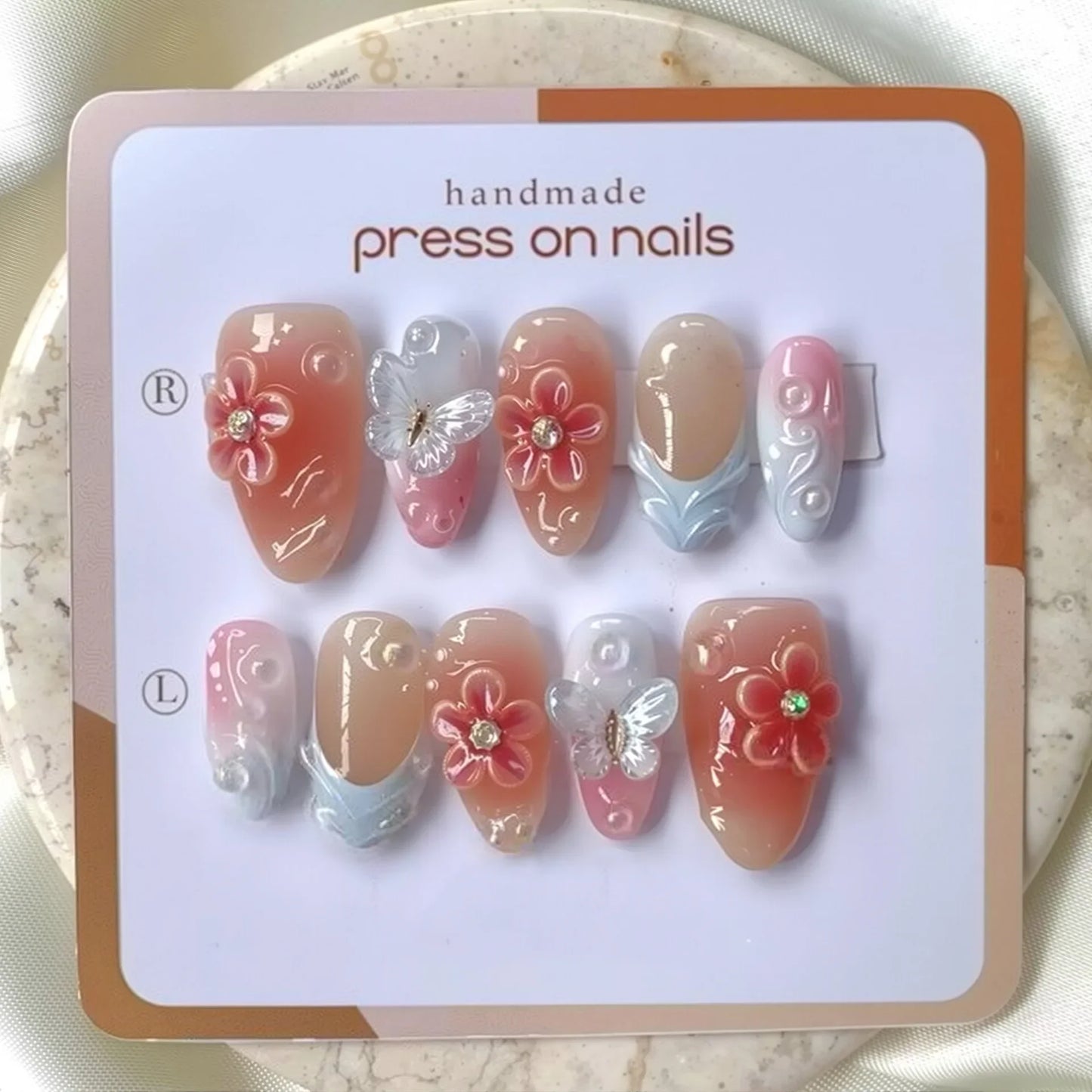24PCS Pink Almond Press on Nails Full Cover Carved Flower 3D Ripples French Fake Nails for Women with Golden Pearl Wearable Nail