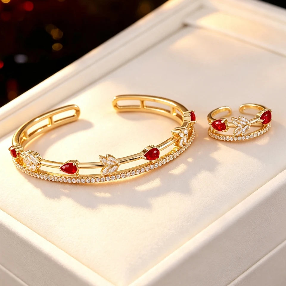 ZAKOL Women Fashion CZ Flower Leaf Open Cuff Bracelet Ring Set Cubic Zirconia Adjustable Bangle Ring Wedding Party Jewelry Set