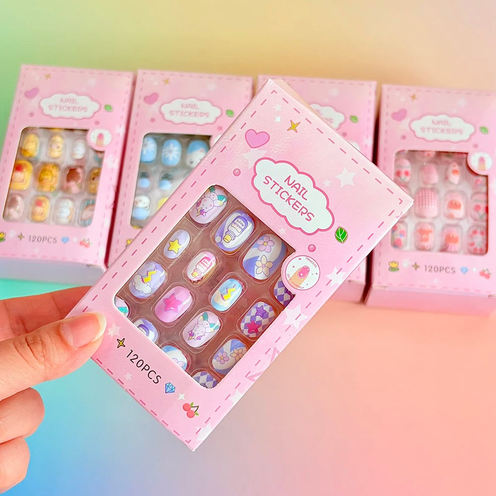 120Pcs Cartoon False Nails for Girls Kawaii Acrylic Short Square Full Cover Fake Nails Tips Kids Press on Nails with Jelly Glue