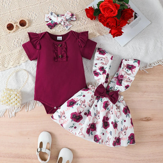 Baby girl Summer Set Solid Color Jumpsuit+Rabbit Printed Shoulder