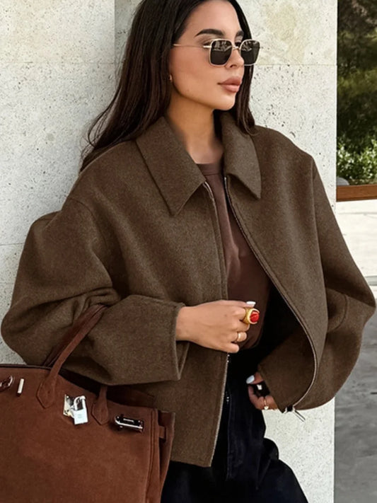 Women's Woolen Zipper Jacket Elegant Lapel Long Sleeve Blazer Thick Warm Short Coats Vintage Autumn Winter Streetwear Outerwear