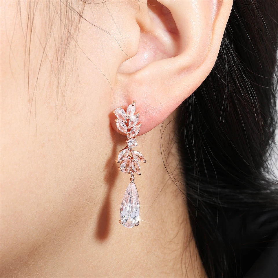 ZAKOL White Zircon Leaf Dangle Earrings for Women Shinny Water Drop Crystal Flower Pendant Earring Bridal Wedding Jewelry