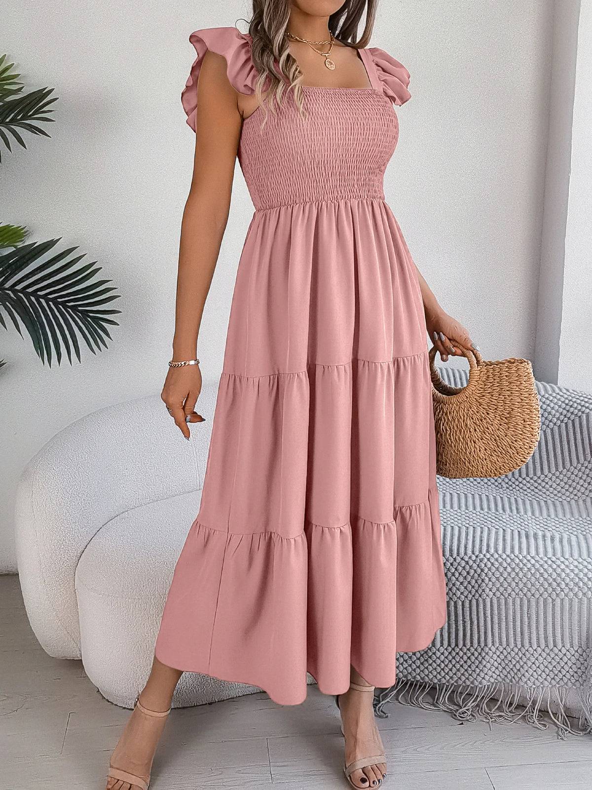 Spring Summer Solid Color Edible Tree Fungus Edge Square Neck Sleeveless Holiday Dress Elegant Long Dresses for Women Rose Blue