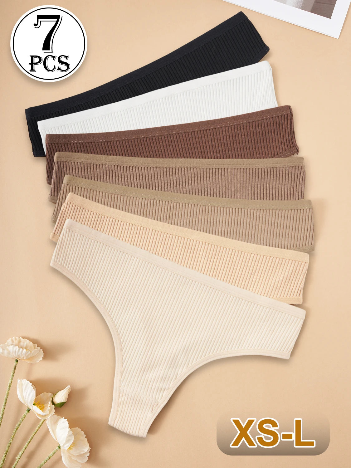 7PCS Women Cotton G-Strings Comfortable Breathable Sexy Low-Rise Panties Girls Solid Color Ribbed Thongs Casual Bikini Lingerie