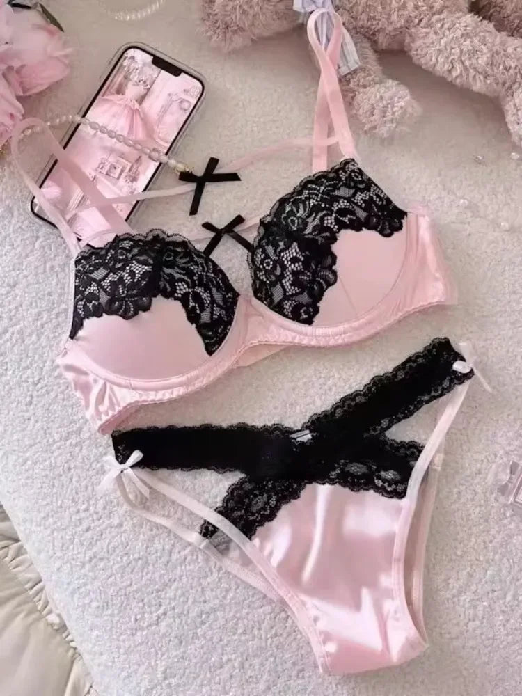 MOYISU French Lace Bralette with Bow Sweetheart Neckline Petite Bust | Natural Lift Minimalist Bra Set Sexy Yet Subtle Support
