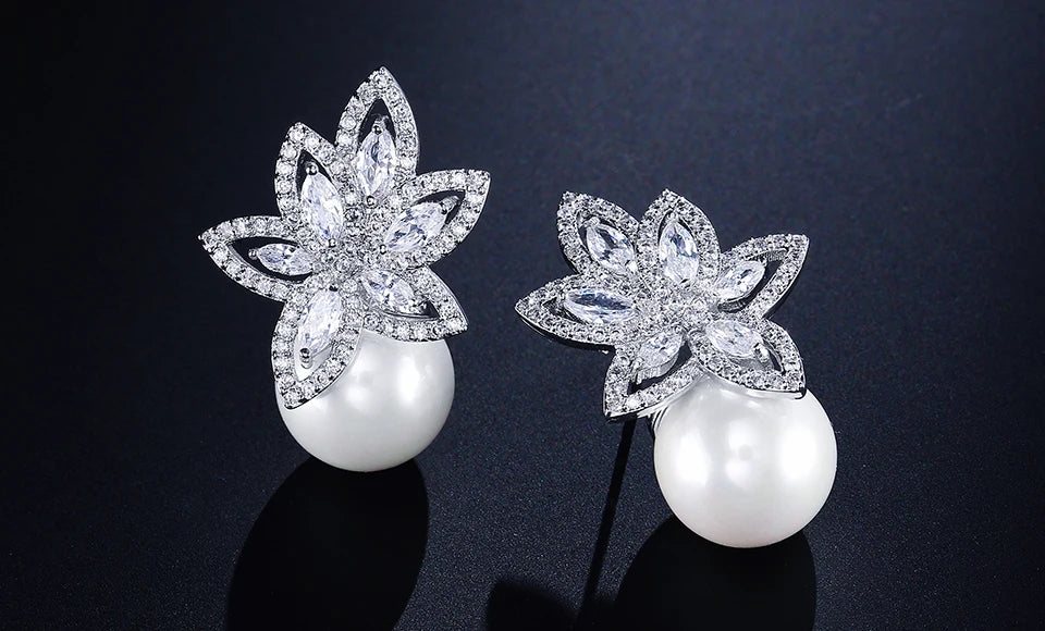 ZAKOL Temperament Imitation Pearl Flower Stud Earrings Elegant Leaf Marquise Zirconia Wedding Party Jewelry for Women