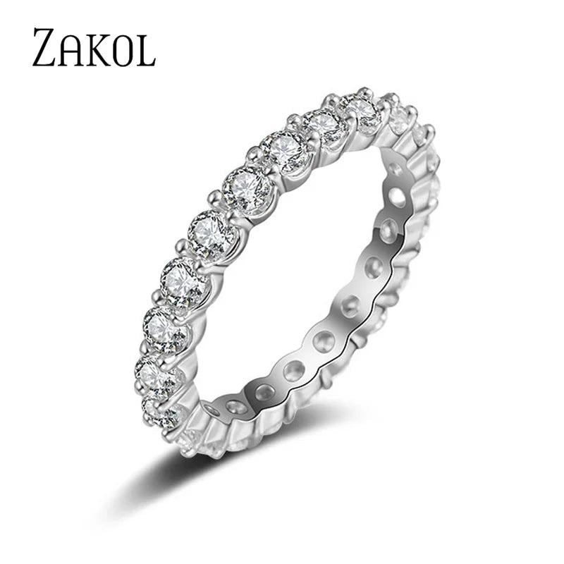 ZAKOL Fashion Round White Green Cubic Zirconia Wedding Rings for Women Girl Party Jewelry Birthday Gift RP189