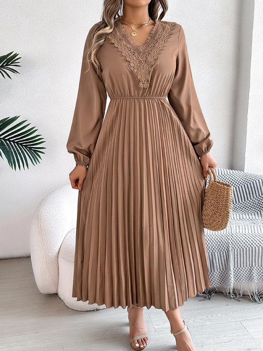 2026 Fashion Lace V Neck Lantern Long Sleeve Maxi Dress for Women Autumn Winter Casual Solid Color Pleated Dresses Khaki Red