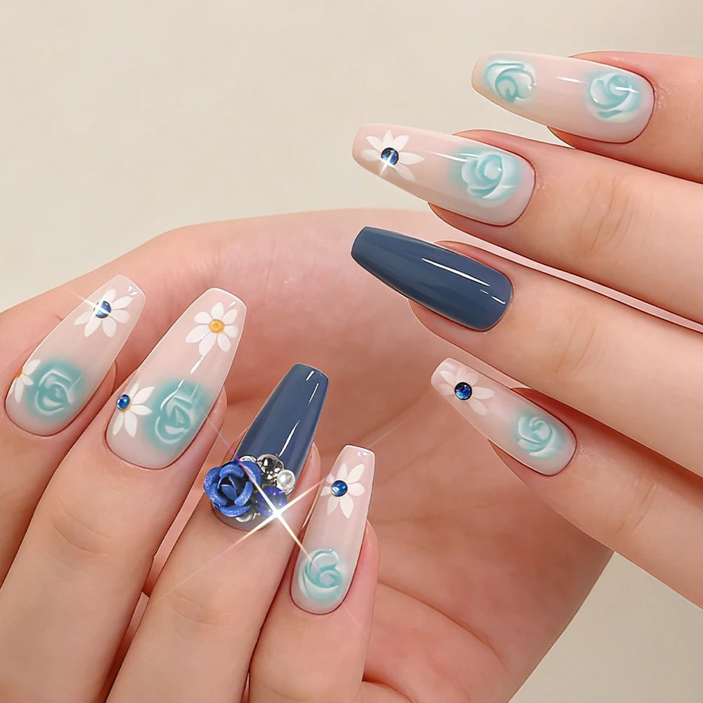 24Pcs Mid-length Ballet Fake Nails Blue Flower Design Wearable Press on Nails Women Floral Medium Square Full Cover False Nails