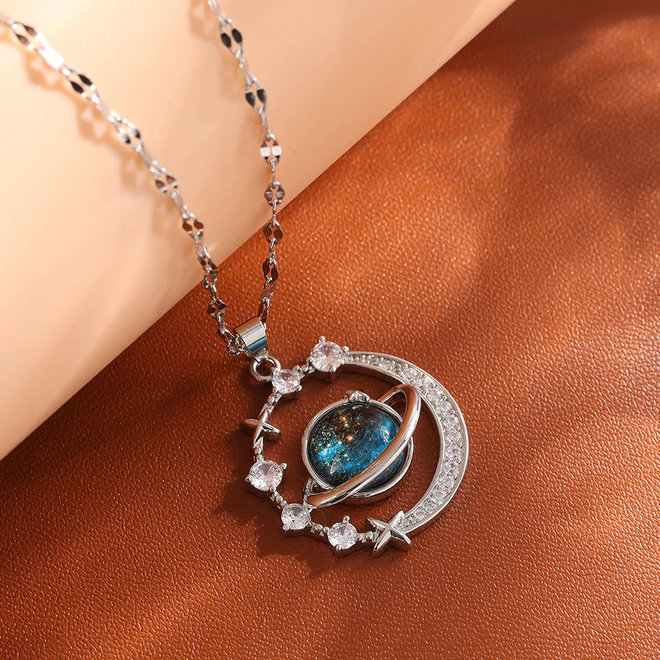 ZAKOL Delicate Micro-Inlaid Zircon Blue Planet Pendant Necklace for Women Titanium Steel Chain Collares Para Mujer