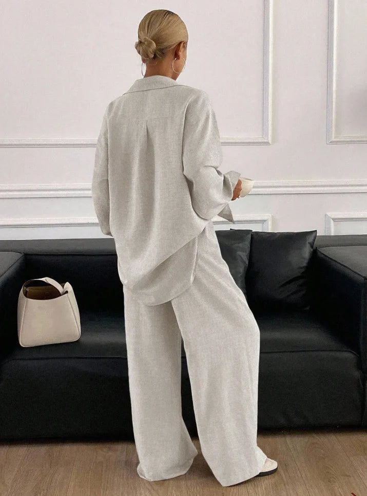 2026 New Women Linen Two Piece Outfit Set Lapel Long Sleeve Button Shirts Elastic Waist Wide Leg Pants Casual Loose Home Suit