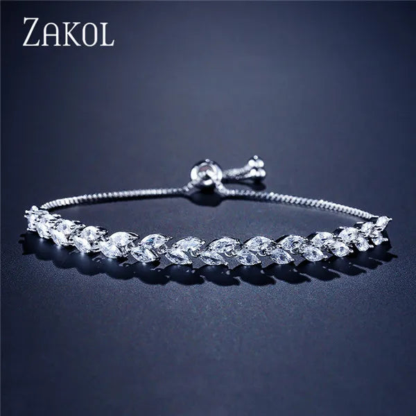 ZAKOL Trendy Cubic Zirconia Leaf Bridal Bracelets Bangle for Women White Color Crystal Adjustable Bracelet Wedding Jewelry