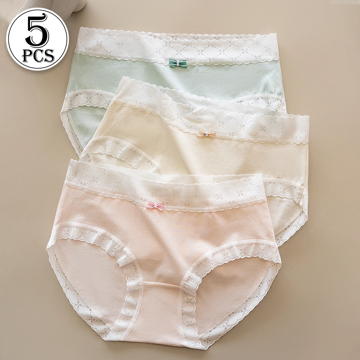 5PCS Korean Fresh Style Women's Underwear Lace Trimmed Solid Color Comfortable Panties Girls Mid Waist Breathable Bow Briefs