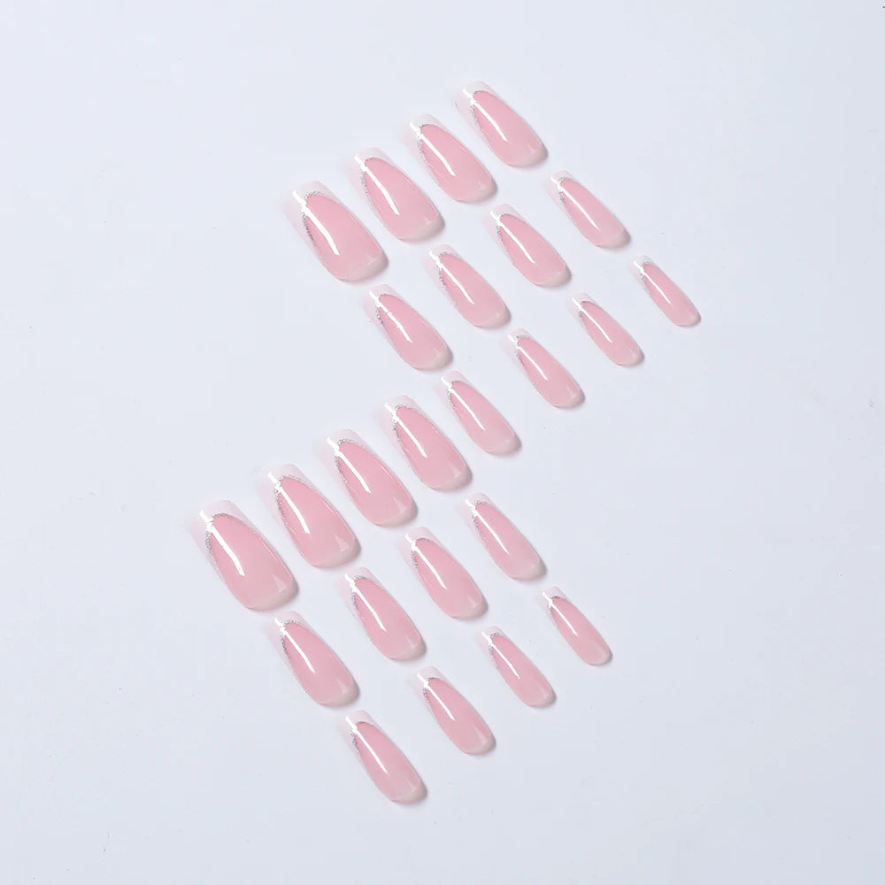 24Pcs Short Square Coffin French Glitter Press On Nails أظافر لاصقة فرنسية لامعة بشكل مربع – 24 قطعة