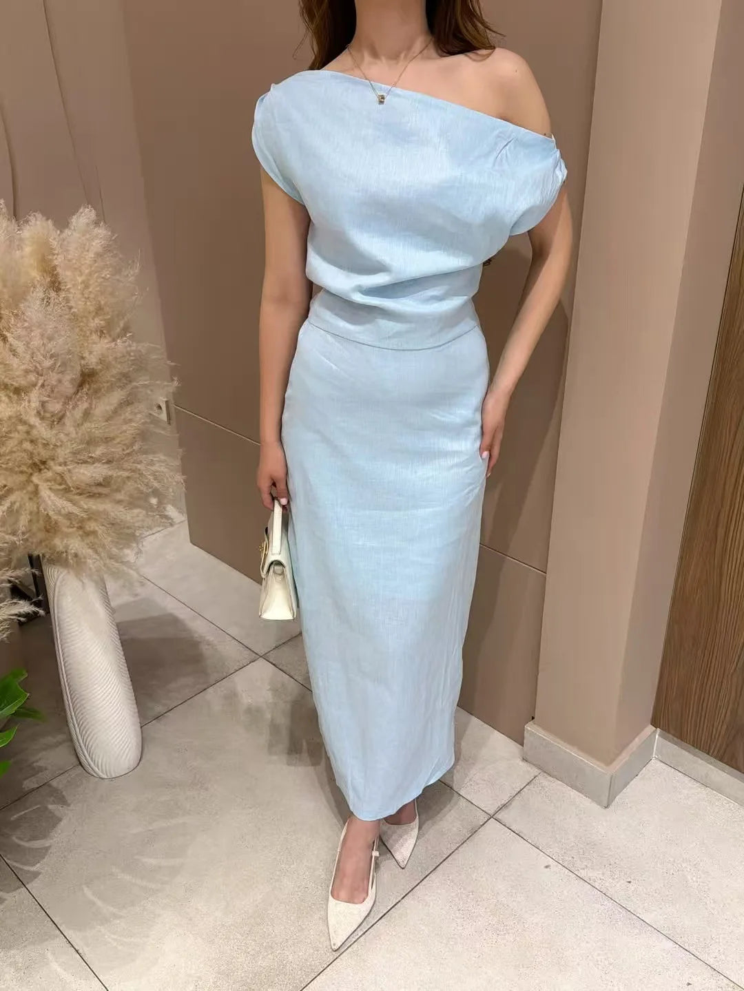 Elegant Solid One Shoulder Dresses Lady Skew Collar Waist-cinching Sleeveless Long Dress 2026 Women New Party Club Gowns