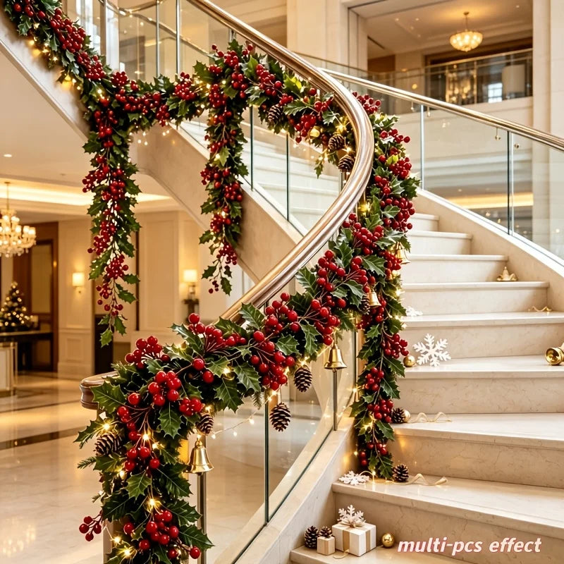 4Pcs 100cm Artificial Holly Berry Garland, Bendable Green Holly Leaf Red Berry Vine, Christmas Mantel Arch Stair Hanging Rattan