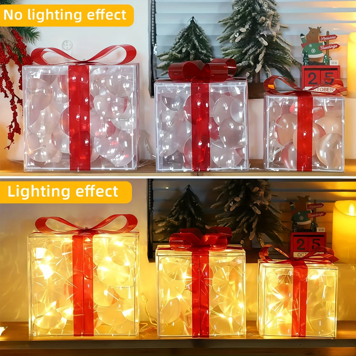 Set of 3 Christmas Lighted Gift Boxes Decorations Presents Boxes Christma Ornaments for Xmas Tree Yard Home Indoor Outdoor
