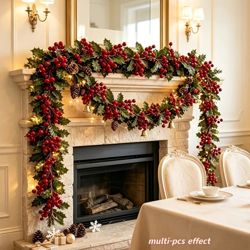 4Pcs 100cm Artificial Holly Berry Garland, Bendable Green Holly Leaf Red Berry Vine, Christmas Mantel Arch Stair Hanging Rattan