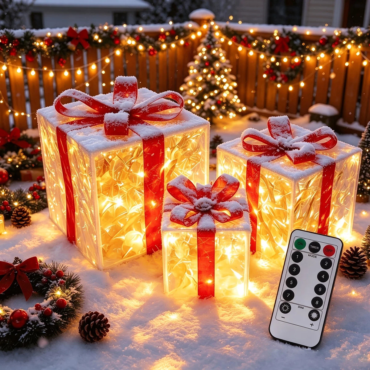 3 Pack Light Up Christmas Gift Box Ornaments, Battery Powered, Indoor & Outdoor Xmas Home, Porch, Lawn Holiday Decor